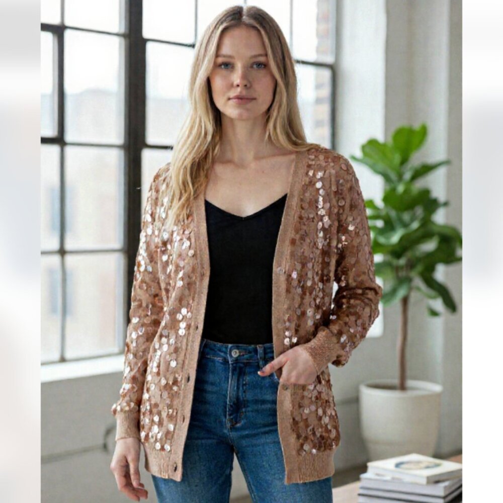 NWOT CHICO'S Sequin Cardigan Sweater Golden Brown Open Front Festive